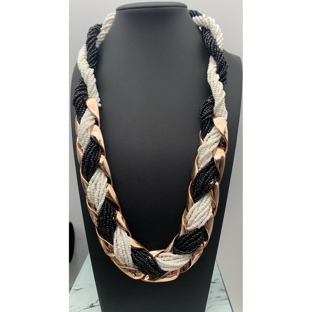 Unique Black And White Braided Seed Bead Necklace Through Gold Tone Accent